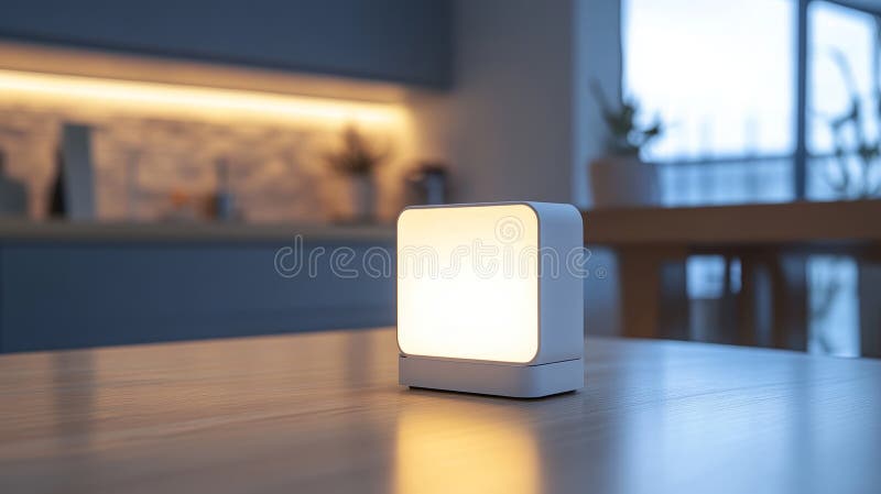 Eleganter weißer Lichtdimmer auf einem strukturierten Tisch Anpassbare Beleuchtung für gemütliche Räume vektor abbildung