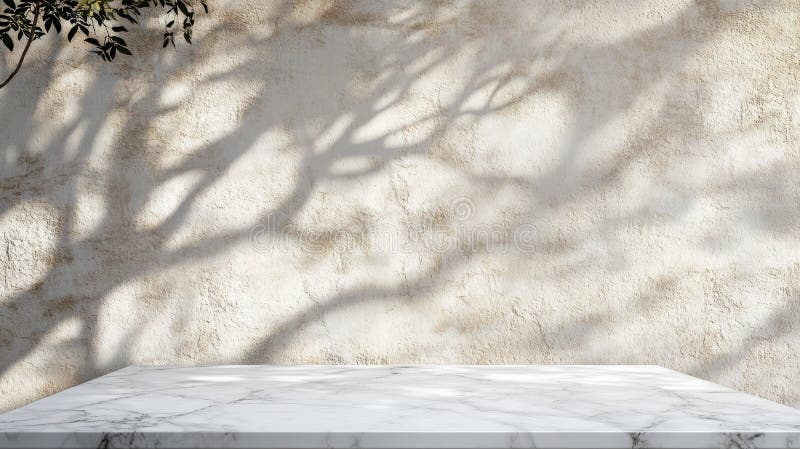 Eleganter weißer Marmortisch mit Baumschatten auf strukturierter Wand, perfekt für Produktpräsentationshintergründe und Mockups stock abbildung
