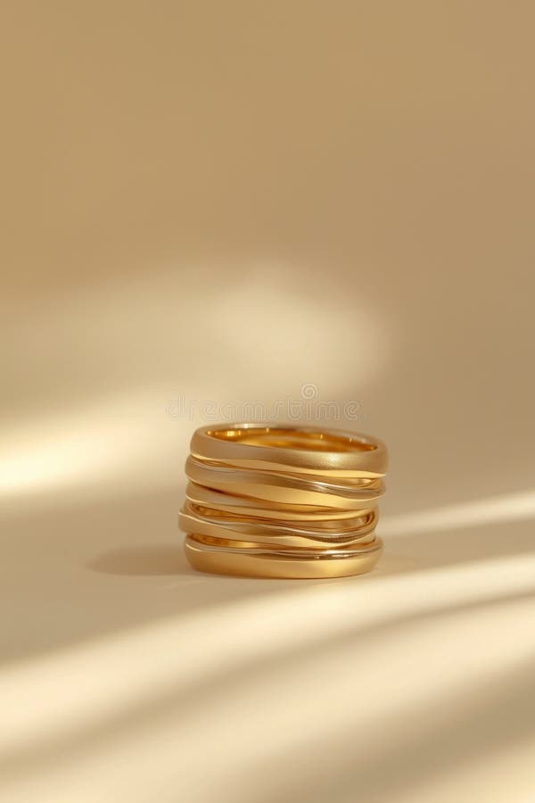 Elegantes anillos de oro apilados con sombras suaves sobre fondo beige minimalista imagen de archivo
