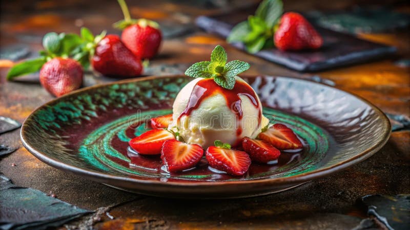 Elegantes cremiges Dessert mit frischen Erdbeeren und Beerensauße auf rustikalem Teller. Generative AI stock abbildung