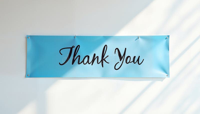 Elegantes Dankeschön Banner in hellblau an weißer Wand perfekt für Dankesfeiern stock abbildung
