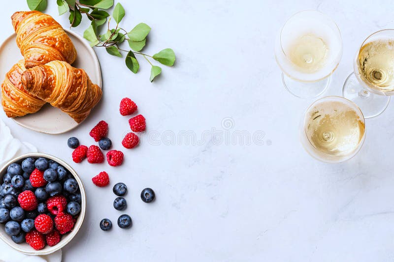 Elegantes Frühstück mit Croissants Beries und Champagner als Symbol für einen luxuriösen morgendlichen Genuss generiert ai vektor abbildung