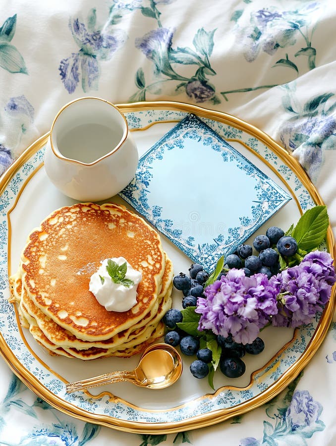 Elegantes Frühstück Pancakes mit Berries Creme und Blumen Futter goldenes blaues Tablett Heim gemütliche Platte süß lizenzfreie abbildung