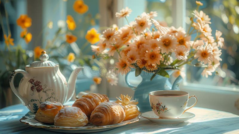 Elegantes Frühstücksbuffet mit Blumen und Gebäck, reichhaltiges Ai lizenzfreie abbildung