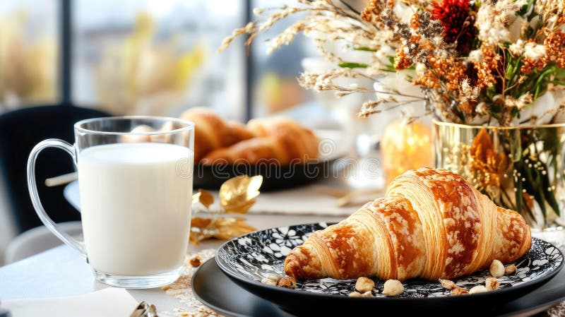 Elegantes Frühstücksbuffet mit Croissant und Glas Milch auf einer zarten Blumenplatte stock abbildung
