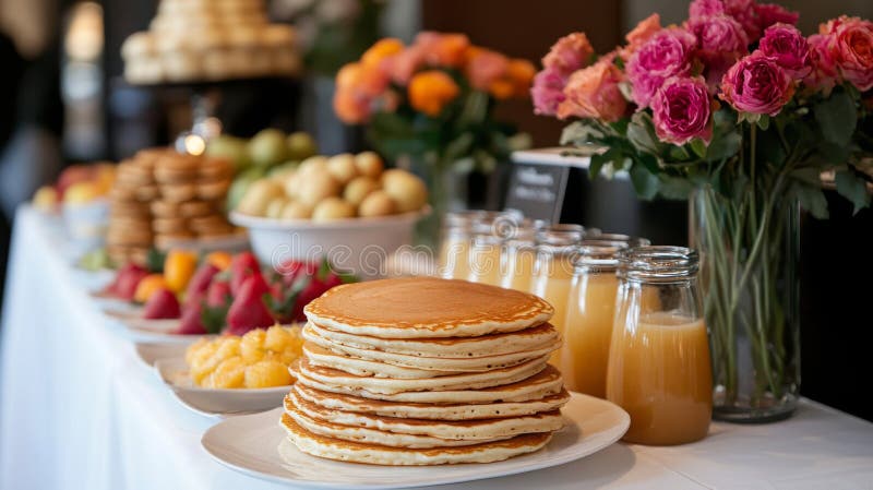 Elegantes Frühstücksbuffet mit Crêpes und frischen Früchten vektor abbildung