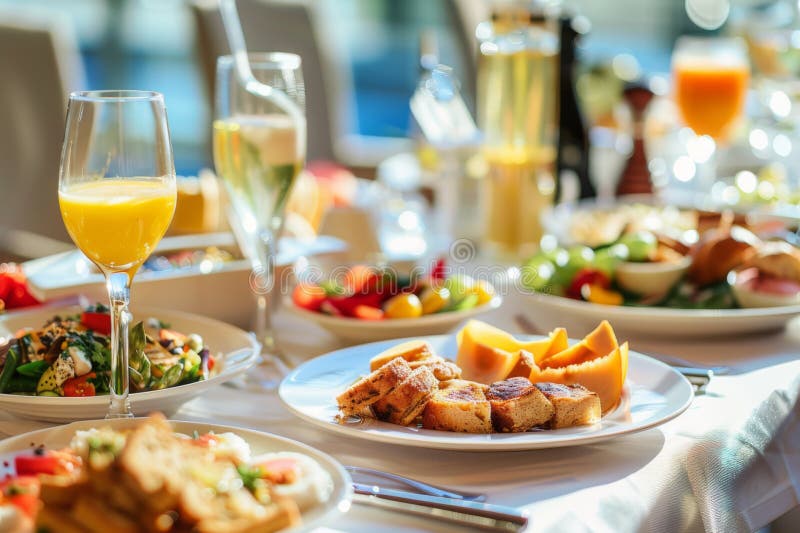 Elegantes Frühstücksbuffet mit frischen Orangensaftfrüchten und Gourmetgerichten in sonniger Atmosphäre stock abbildung