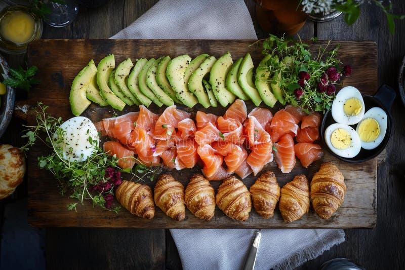 Elegantes Frühstücksbuffet mit goldenen Croissants geräucherten Lachs cremig Avocado gekochte Eier und frische Mikrogrün auf rusti vektor abbildung
