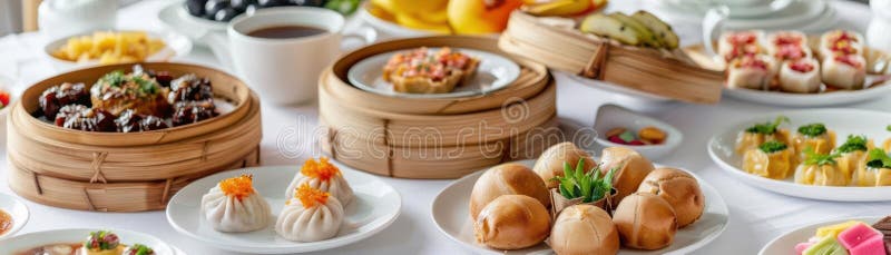Elegantes Frühstücksbuffet mit internationalen Köstlichkeiten und Dim Sum stock abbildung