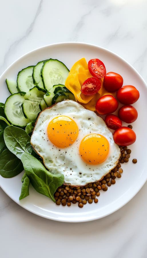 Elegantes Frühstücksbuffet mit sonnigen Beilagen Eier erdigen Linsen und frischem Gemüse in sanftem Licht vektor abbildung