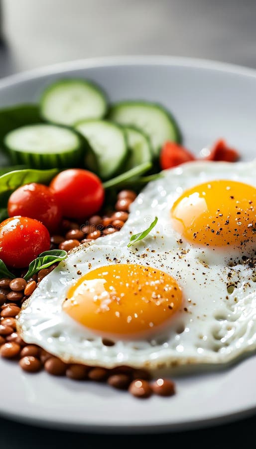 Elegantes Frühstücksbuffet mit sonnigen Beilagen, Eier-Linsen und frisches Gemüse in sanftem Licht stock abbildung