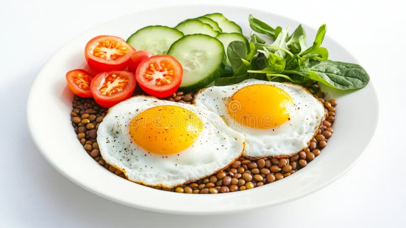 Elegantes Frühstücksbuffet mit sonniger Seite auf Eier Linsen und frischem Gemüse in sanftem Morgenlicht stock abbildung
