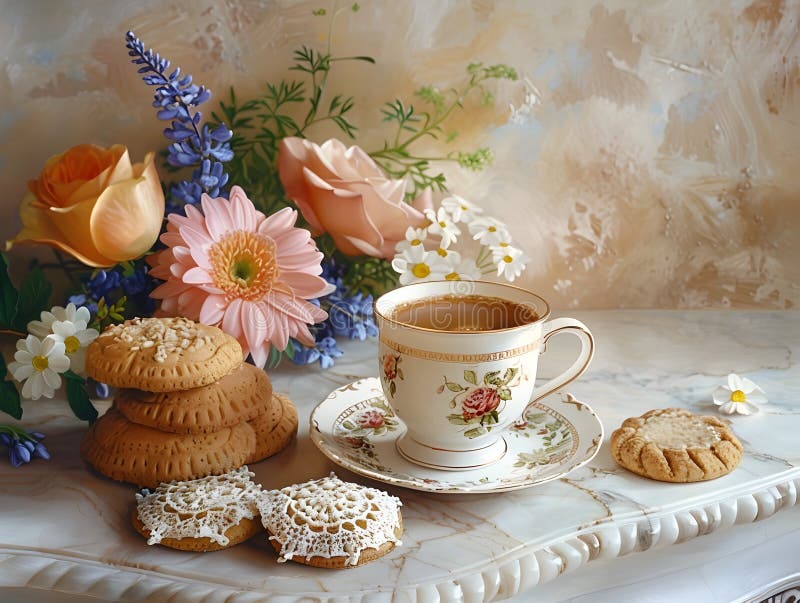 Elegantes Frühstückstisch mit aromatischen Kaffeekekeksen und lebendiger Blumenanzeige auf glattem Marmor vektor abbildung