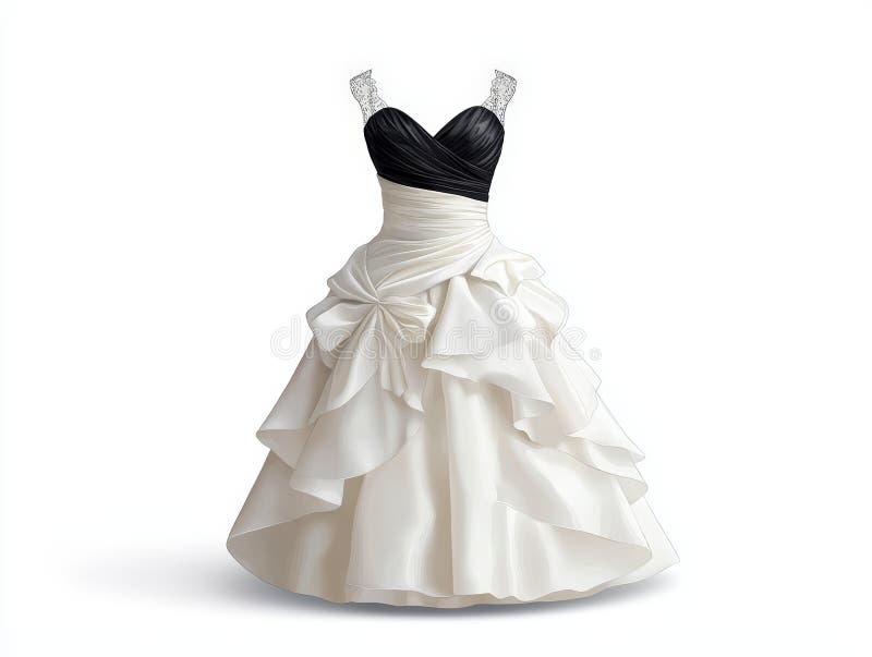 Elegantes Hochzeitskleid mit einem atemberaubenden Schwarz-Weiß-Design mit aufwändigen Ruffeln und zarten Spitzen-Gurten stock abbildung