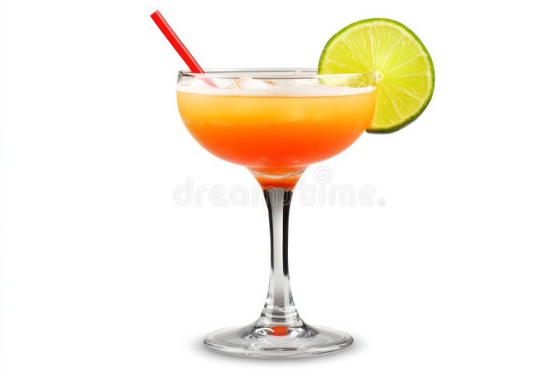 Elegantes Kristall-Cocktailglas mit Zitronenscheibe auf weiß. Intrikates Glas mit gelber Flüssigkeit mit Zitronenscheibe und Grannish. Weißer Hintergrund hebt Eleganz und Details hervor. Seitenansicht erfasst Textur.