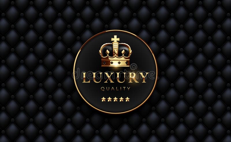 Elegantes Luxus-Emblem aus schwarz und gold mit königlicher Krone und fünf Sternen auf gepolstertem Lederhintergrund. Perfekt für vektor abbildung