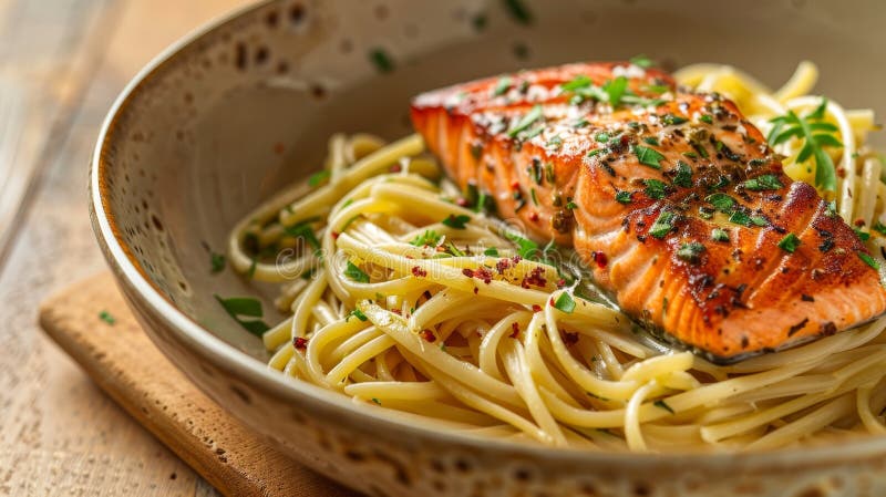 Elegantes Nudelgericht mit Kräuterlachs als kulinarische Köstlichkeit in einer schönen Präsentation stock abbildung