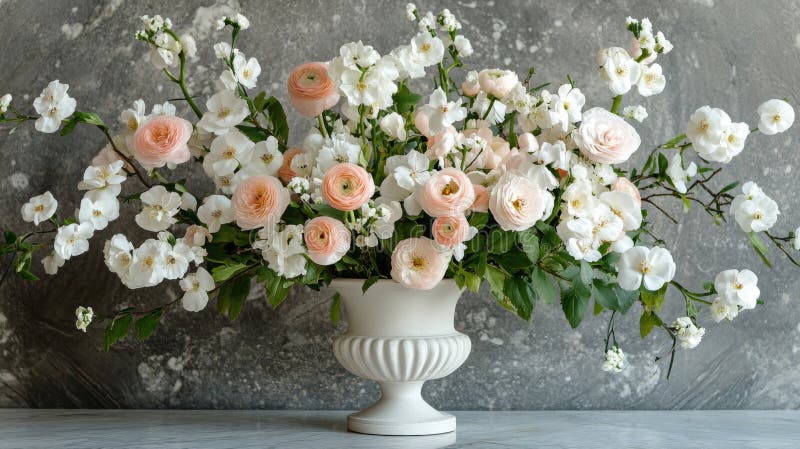 Elegantes Pfirsich- und Weißblumenarrangement im Urn vektor abbildung