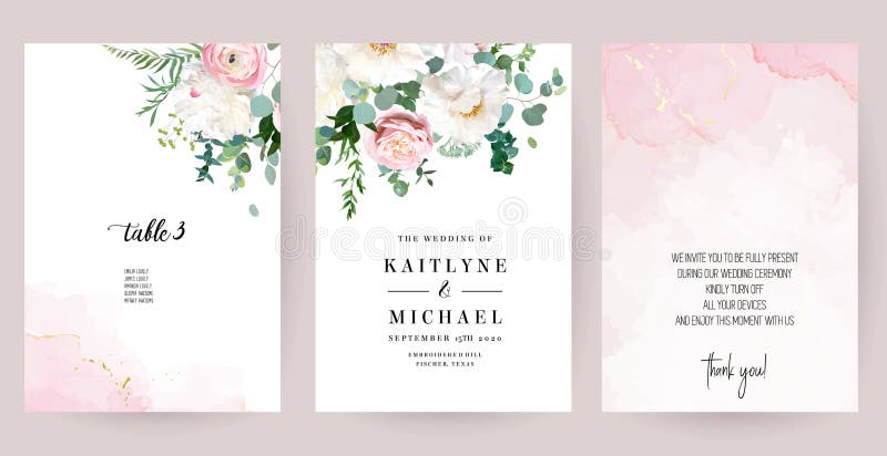 Elegantes tarjetas de boda con textura color agua rosa y flores de primavera