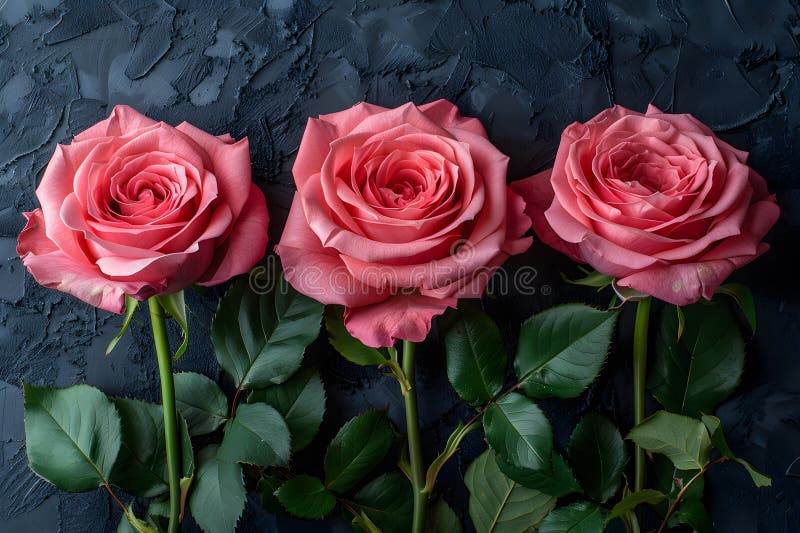 Elegantes Trio aus rosa Rosen auf dunklem, texturiertem Hintergrund für Blumendesign generative ai vektor abbildung
