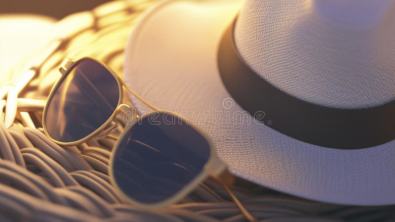 Eleganti accessori estivi in tonalità calde per Sofisticate spiagge create con strumenti generici AI. Un elegante insieme di spiagge è dotato di un cappello di paglia bianca con fili di legno con una fascetta nera situata su una superficie di vimini testurizzata. Vicino ad esso un paio di occhiali da sole con lenti scure aggiunge un tocco chic.
