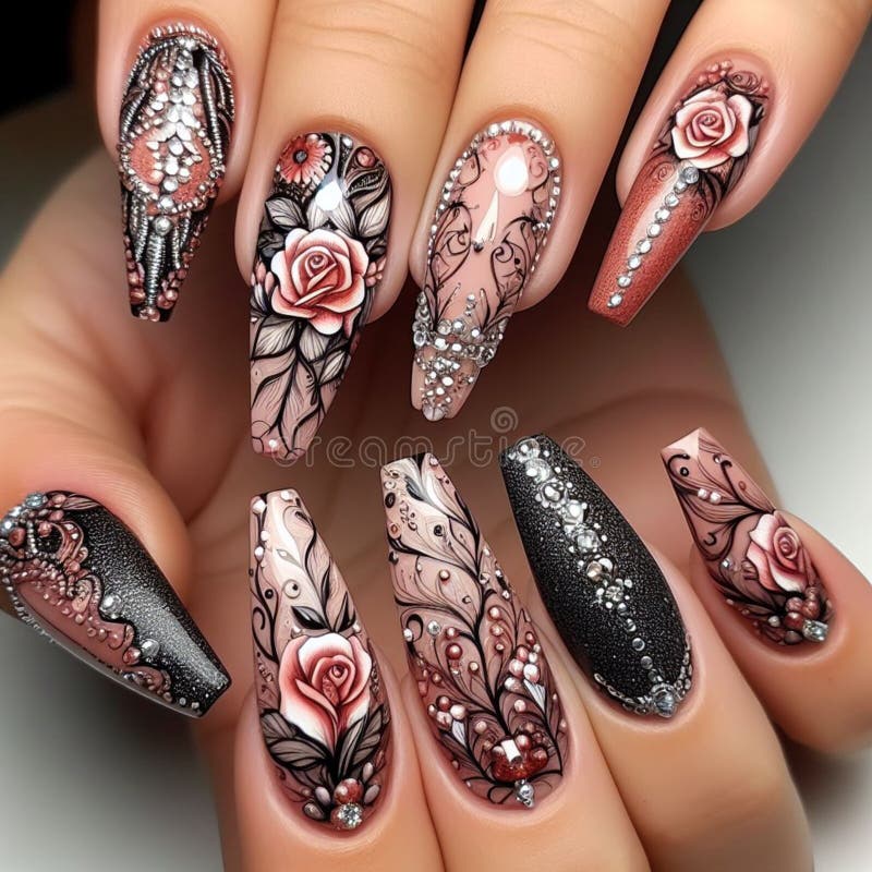 This rose-themed nail art is a blend of elegance and intricate design. Embellished with delicate crystals and detailed floral patterns, this image is a celebration of artistry and style in modern nail care. This rose-themed nail art is a blend of elegance and intricate design. Embellished with delicate crystals and detailed floral patterns, this image is a celebration of artistry and style in modern nail care.