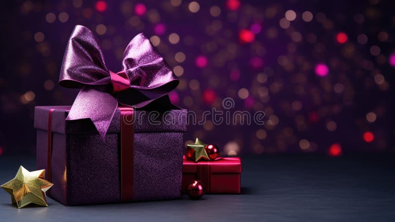 Elegantly wrapped gift with a shiny ribbon and bow, placed on a glittery surface with a bokeh light effect in the stock photography