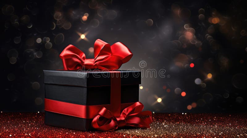 Elegantly wrapped gift with a shiny ribbon and bow, placed on a glittery surface with a bokeh light effect in the stock photos