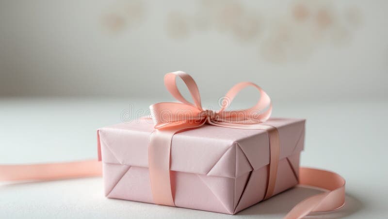 Elegantly Wrapped Pink Gift Box with Ribbon on Neutral Background stock photography