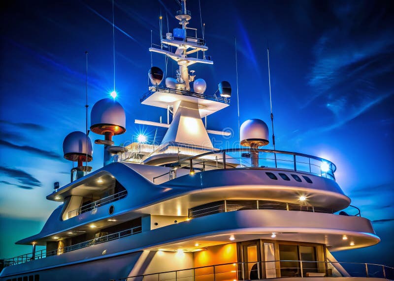Eleganza notturna con sofisticati sistemi di navigazione e comunicazione di un albero di lusso Yacht Mast. Una visione accattivante di un parco yacht di lusso di notte rivela l'intricata rete di apparecchiature di navigazione e comunicazione. Gli strumenti illuminati dai sofisticati ricevitori GPS alle antenne satellitari ad alta potenza evidenziano la complessa tecnologia che consente viaggi e comunicazioni globali senza interruzioni. Questa nave costruita meticolosamente per il viaggiatore discernente utilizza il taglio