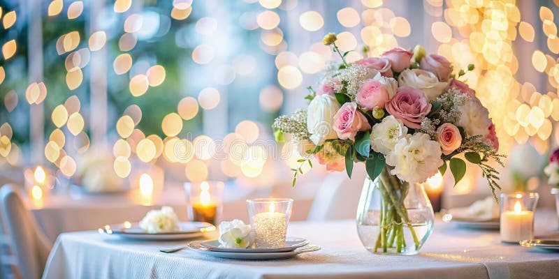 Eleganță fără efort O masă minimalistă de nuntă cu iluminare ușoară și aranjamente florale delicate Captați stock illustration