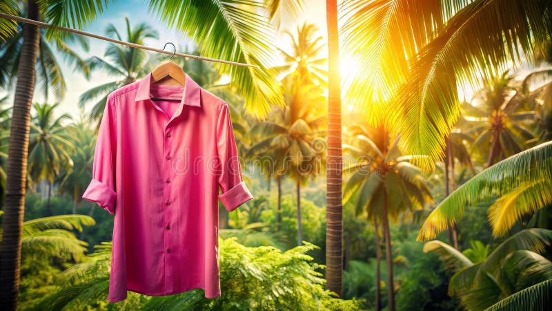 Eleganță fără efort într-un paradis tropical O cămașă roz vibrantă drapată printre palmierii luxurianți royalty free illustration