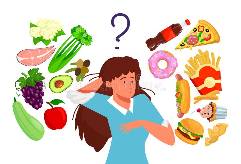 Elegir Entre La Comida Sana Y Rápida Chica Lleva Estilo De Vida Saludable  Diseño De Dibujos Animados Estilo Vector Ilustración Ais Ilustración del  Vector - Ilustración de bocado, comida: 210689354