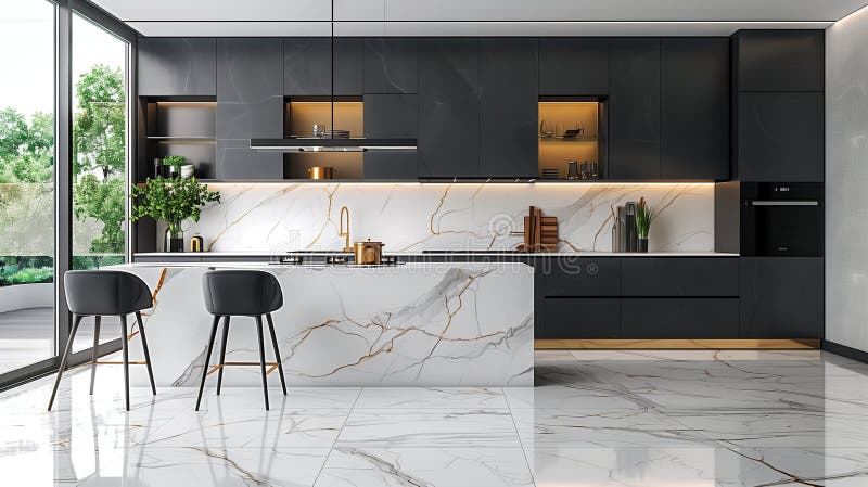 Elegância moderna : armários pretos e brancos, armários dourados e azulejos de mármore adorem cozinha chic foto de stock