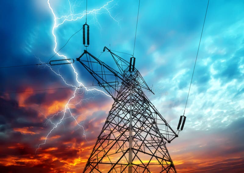 Dramatic Image of Power Distribution Station with Lightning Striking Electricity Towers. Dramatic Image of Power Distribution Station with Lightning Striking Electricity Towers