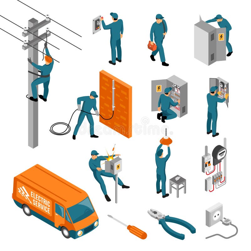 Elektriker Isometric Icons Collection. Isometrisk elektrikeryrkeuppsättning av isolerade symboler med elektriska lättheter för hjälpmedel och mänskliga tecken av arbetarvektorillustrationen