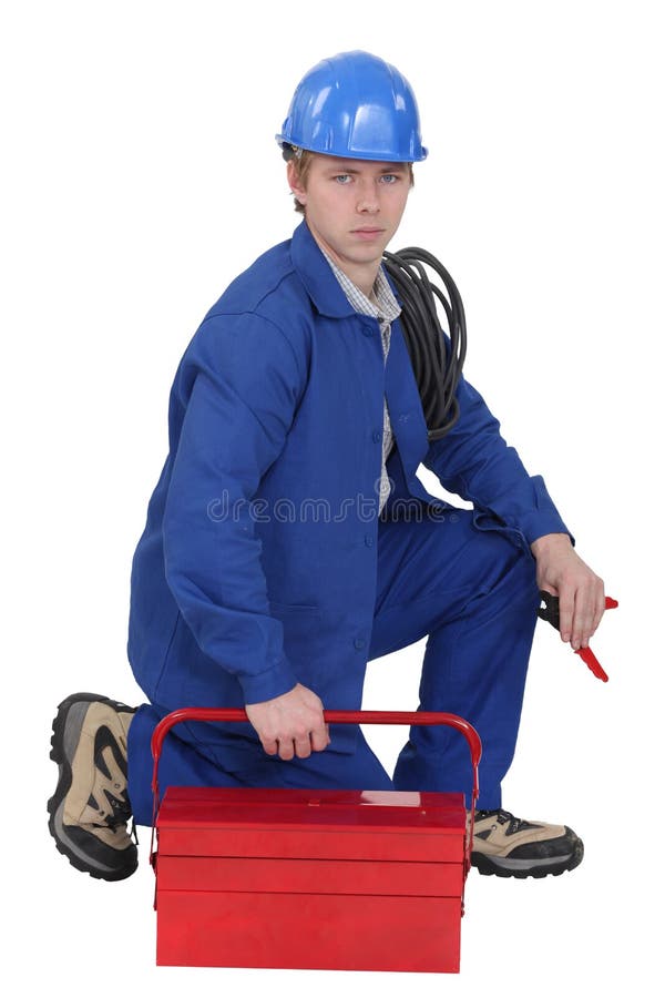 Elektriker mit einem Werkzeugkasten stockfotos Elektriker mit einem Werkzeugkasten stockfotos