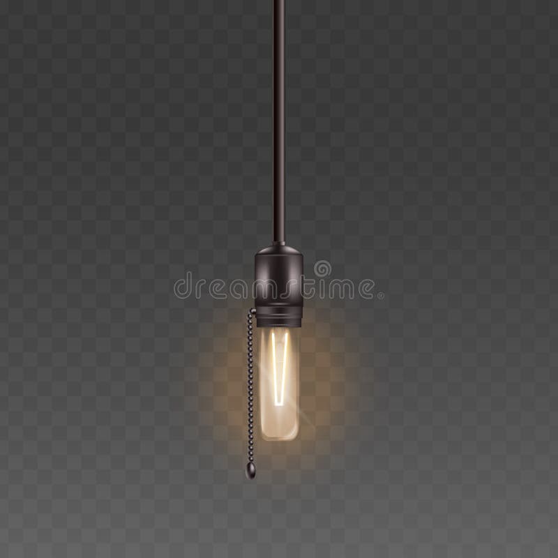 Elektrische gloeilamp of glaslamp op het koord met realistische vector geïsoleerde illustratie van de kettings retro stijl vector illustratie Elektrische gloeilamp of glaslamp op het koord met realistische vector geïsoleerde illustratie van de kettings retro stijl vector illustratie