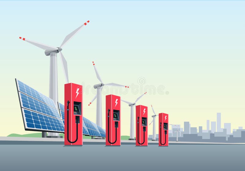 Elektrische Ladestation vor den Windmühlen und den Sonnenkollektoren stock abbildung Elektrische Ladestation vor den Windmühlen und den Sonnenkollektoren stock abbildung