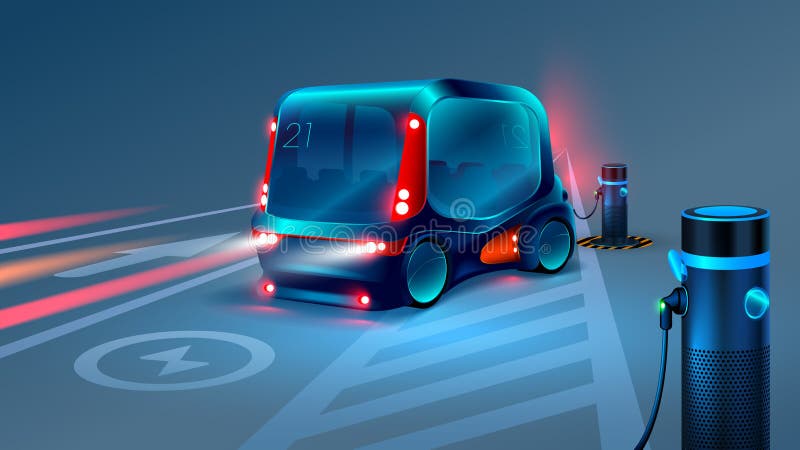Elektrische slimme bus of minibus het laden post Toekomstig concept royalty-vrije illustratie Elektrische slimme bus of minibus het laden post Toekomstig concept royalty-vrije illustratie