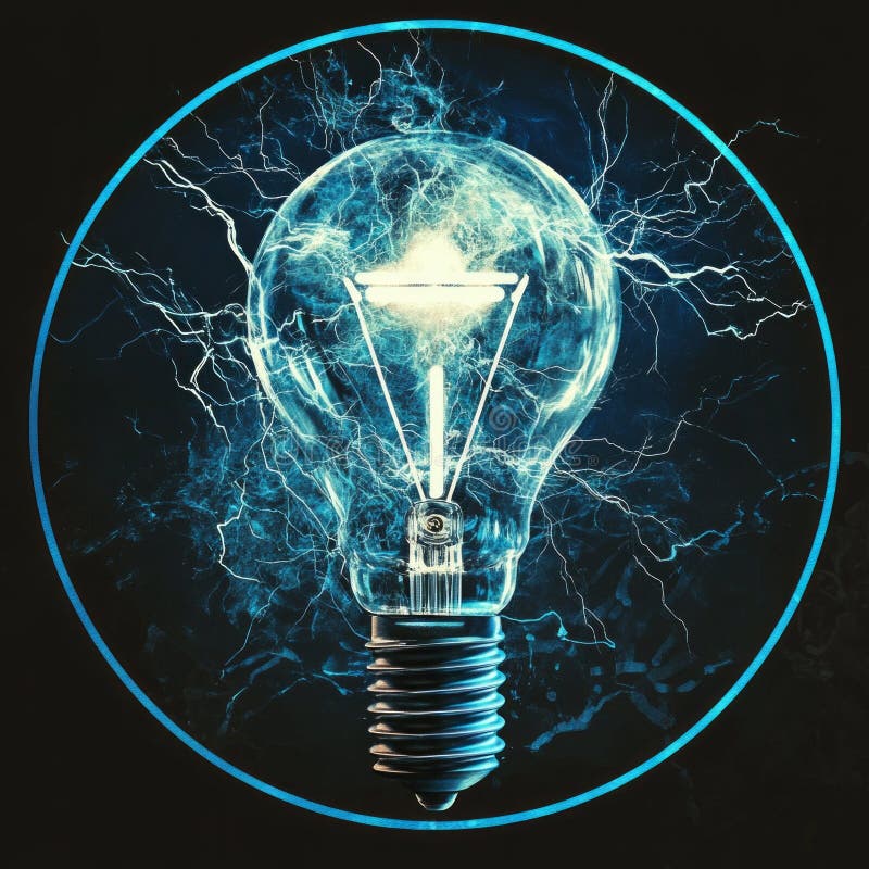 Elektriska glödlampor med dynamisk blå energi och blixtnedslag inuti royaltyfri foto