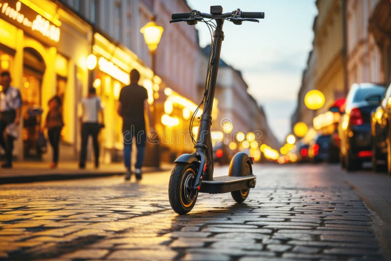 Electric scooter on the cobblestones of the evening city. Electric scooter on the cobblestones of the evening city.