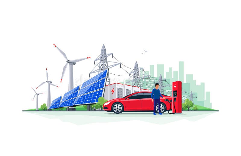 Elektroauto, das vom Batterie-Speicher-Stromnetz-System der erneuerbaren Energie mit Stadt-Skylinen auflädt