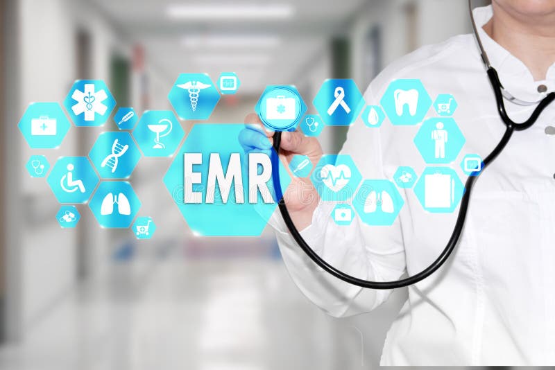 Electronic medical records. EMR on the touch screen with medicine icons on the background blur Doctor in hospital.Innovation treatment, service, data analysis health. Medical Healthcare Concept Electronic medical records, EMR. Electronic medical records. EMR on the touch screen with medicine icons on the background blur Doctor in hospital.Innovation treatment, service, data analysis health. Medical Healthcare Concept Electronic medical records, EMR