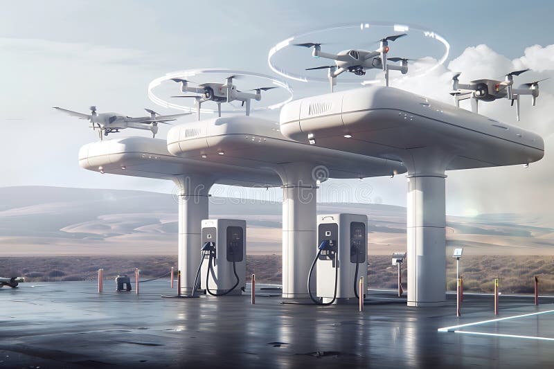 Elektryczna stacja ładowania z systemem nadzoru dronów ilustracji
