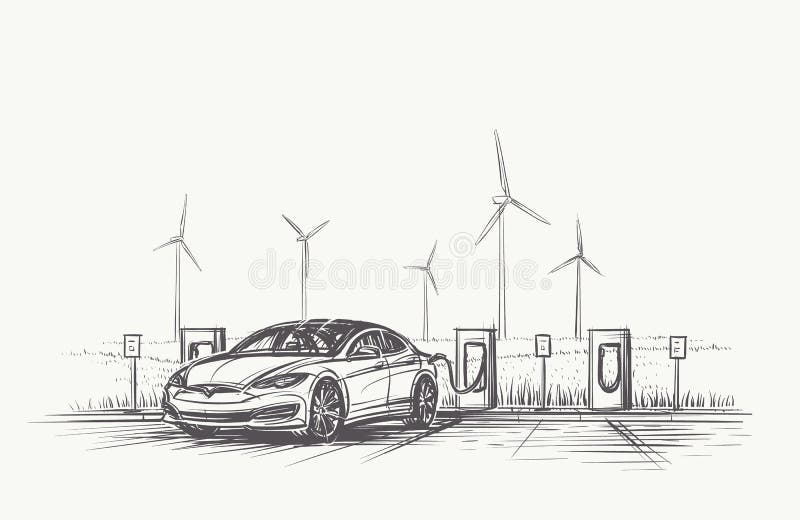 Elektrycznego samochodu ładuje ręki rysująca ilustracja granic kropek eps10 kwiatu gingham stebnowania ściegów trzy wektor