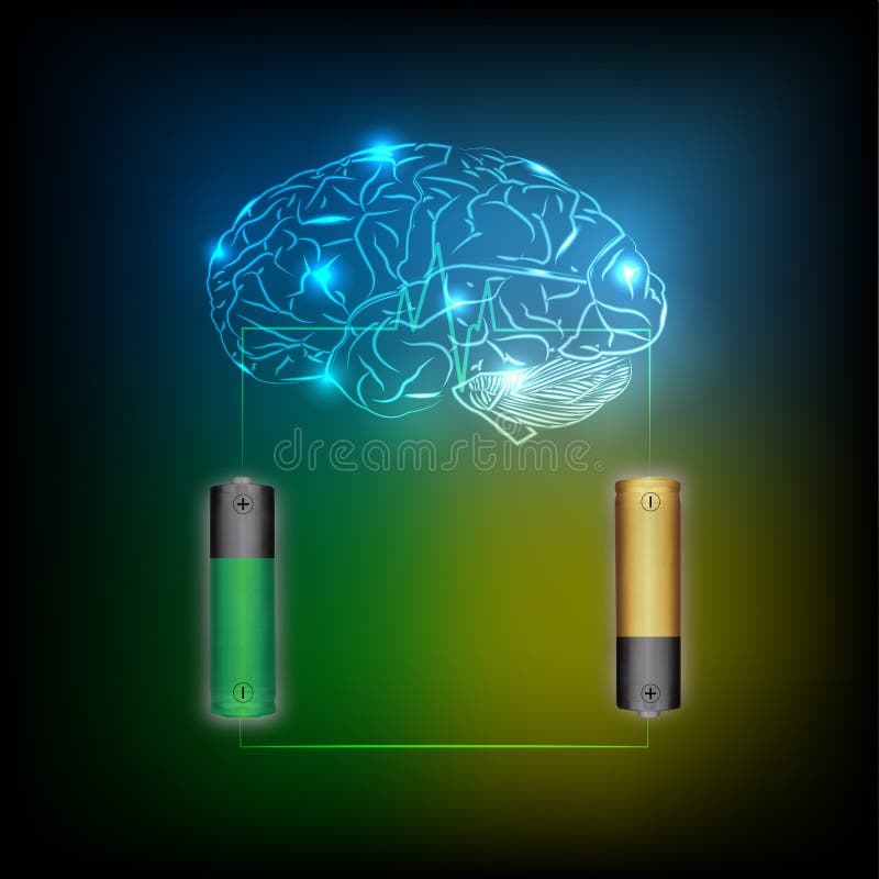 Elektrycznej baterii energetycznego ładunku mózg, zmrok - błękita lekki abstrakt