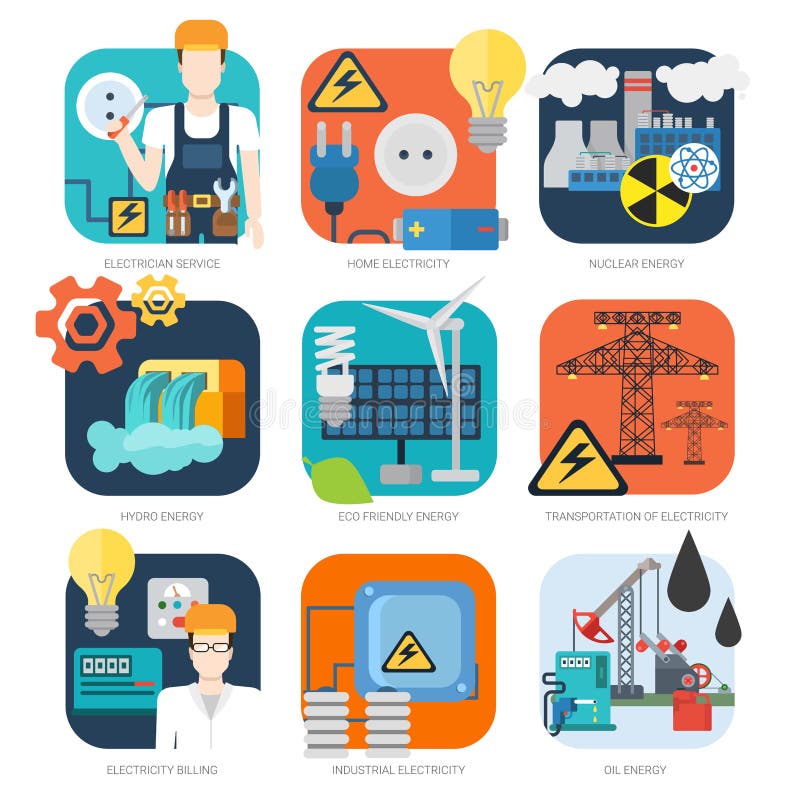 Elektryczności jądrowego wodnego eco ikony energetyczny przemysłowy wektorowy set royalty ilustracja Elektryczności jądrowego wodnego eco ikony energetyczny przemysłowy wektorowy set royalty ilustracja