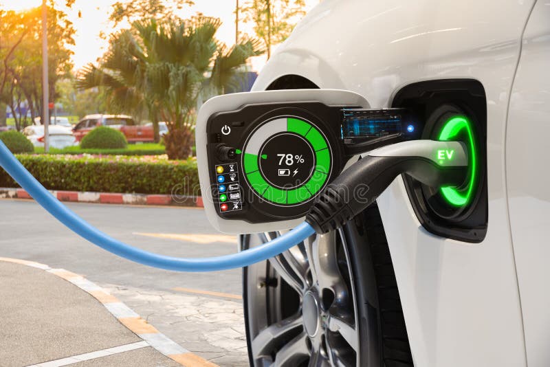 Elektryczny pojazd zmienia na ulicznym parking z graficznym interfejs użytkownika, Przyszłościowy EV samochodu pojęcie