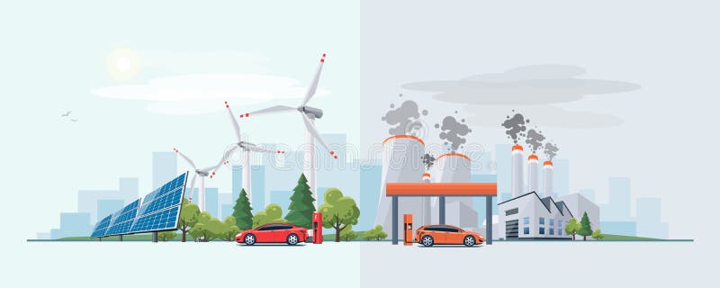 Vector illustration of renewable electric vs. fossil pollution power electricity resource. Electric car charging at charger station with solar panels and wind turbines and fossil car refueling petrol at gas station. City building skyline in the background. Vector illustration of renewable electric vs. fossil pollution power electricity resource. Electric car charging at charger station with solar panels and wind turbines and fossil car refueling petrol at gas station. City building skyline in the background.